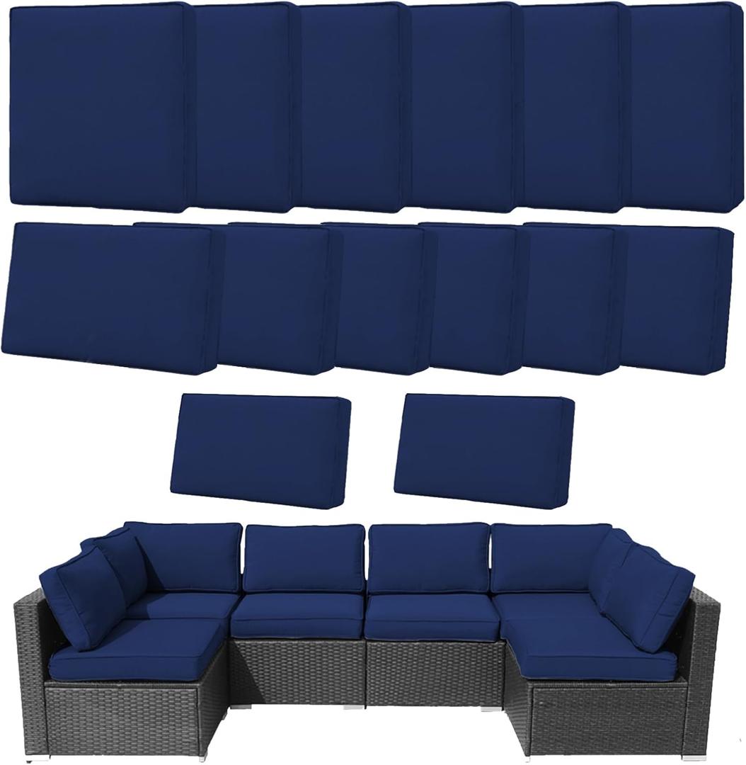 14Pcs Outdoor Cushion Covers Replacement Washable Waterproof UV w/Zipper for 6-Seaters Sofa Patio Slipcovers Set Seat and Back Covers Only (Deep Blue, 23.6x23.6inch)