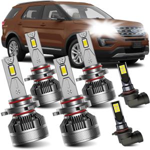 AWALITED Fits for 2016-2019 Ford Explorer High Low Beam Fog Lights Bulbs Combo, 6000K White Plug-and-Play Super Bright Light Bulbs, Pack of 6