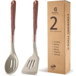 MANJIA Silicone Spatulas Set, Nonstick Silicone Spoon & Turner Spatula Set, Serving Spoon kitchen Spatula for Cooking Fish, Eggs,Flipper, Cooking Utensils Set 2pcs (khaki-slotted spoon & spatula)