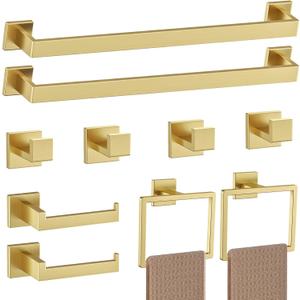 Brushed Gold Towel Bar Set Towel Holder Set,10-Piece Gold Bathroom Hardware Accessories Set,Stainless Steel Towel Rack Set for Bathroom Wall-Mounted,23.6-Inch