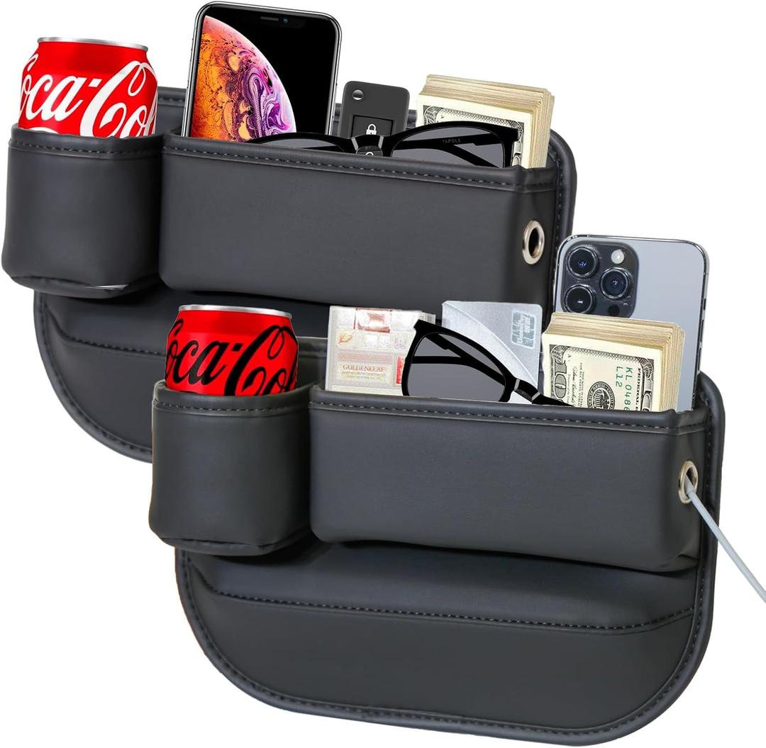 2 Pack Car Leather Cup Holder Gap Bag - Car Seat Gap Filler & Organizer, Seat Gap Storage Box Organizer Car Accessories for Women Men(Black Driver's + Passenger)