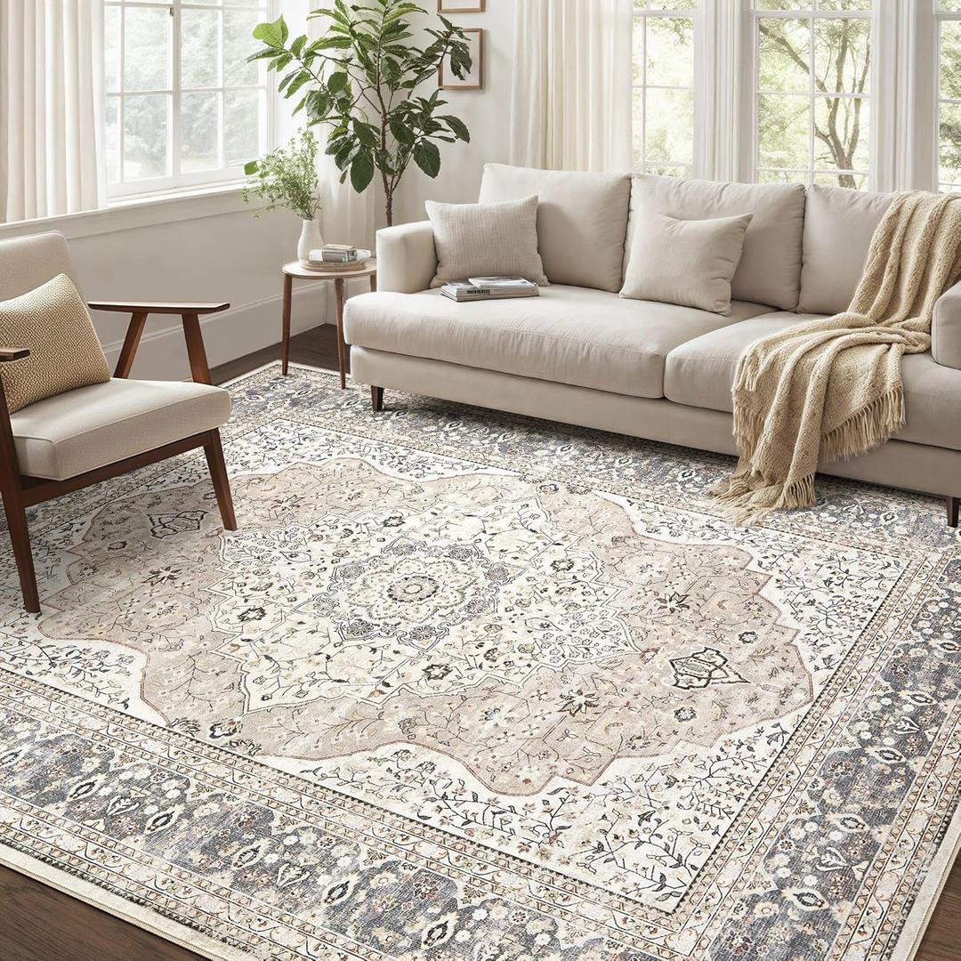Washable Rug 10x14 Area Rugs for Living Room Bedroom Dining Room Home Office Floor Decor -Stain & Fade Resistant Non Slip Backing Carpet, Ultra-Thin Vintage Large Carpets (Camel/ Beige, 10'x14')