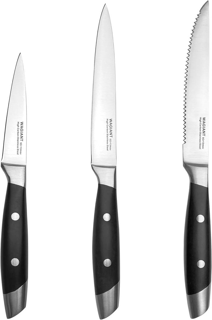 3-Piece Kitchen Knife Set,Fruit Knife Set,Precision Forged High-Carbon Stainless Steel, Black Ergonomic Handle, 3.5" & 5" Straight & Serrated Edge