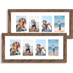 Hongkee 8x20 Picture Frame Set of 2, Rustic Brown Wood Frame with Tempered Glass Collage Frame, Display Pictures Four 4x6 With Mat or 8 x 20 Without Mat - Horizontal or Vertical Wall Mounting