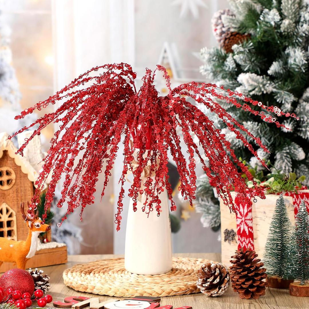 6 Pcs Red Glitter Christmas Picks and Sprays 23.62" Artificial Sequins Twigs Stems Ornaments Decorative Willow Ting Branches for Xmas Tree DIY Wreath Crafts Tree Topper Vase Filler Decor