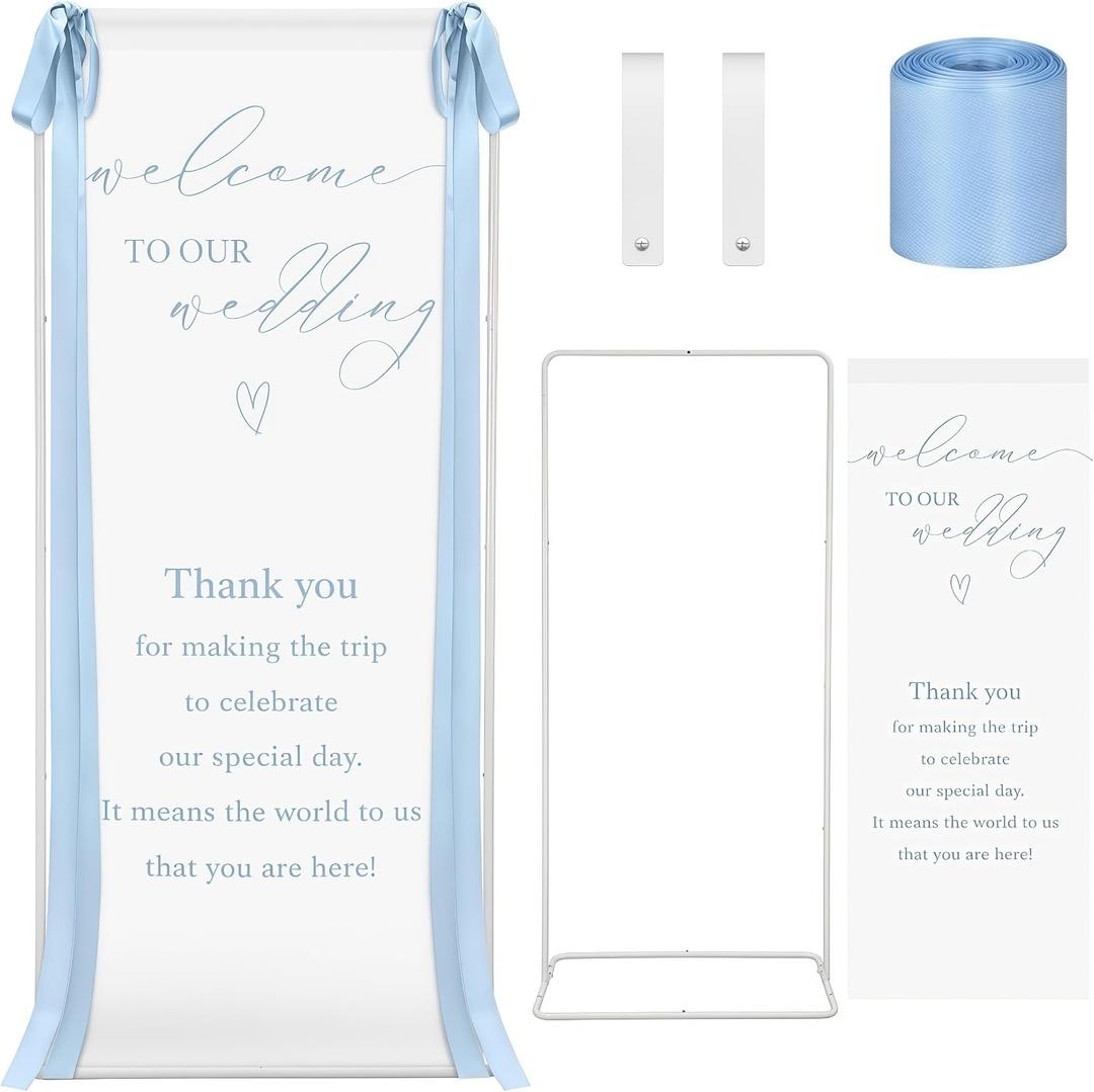 Lumina Wedding Welcome Sign Stand With Linen Sign with Satin Ribbon Adjustable Easel Stand Bridal Shower Welcome Decoration for Garden Ceremony Lawn Outdoor Indoor(Blue)