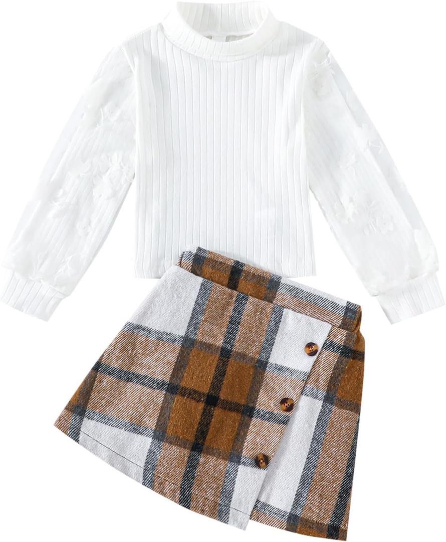 Girls Plaid Outfits Toddler Lace Sleeve Tops Plaid Mini Skirt Shorts Casual Winter Fall Dresses (2-3T, White)