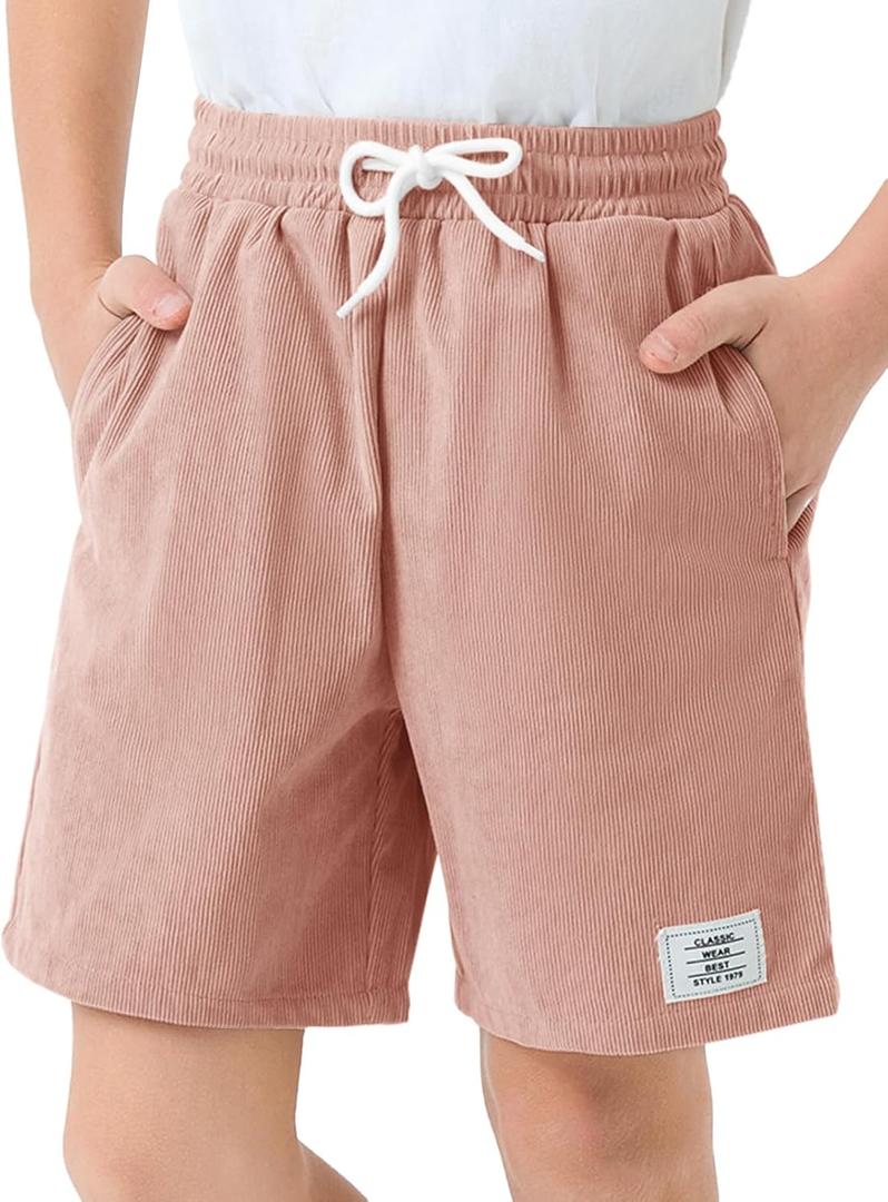 Haloumoning Boys Corduroy Shorts Kids Casual Elastic Waist Drawstring Summer Shorts with Pockets 5-14 Years (7-8 Years, Pink)