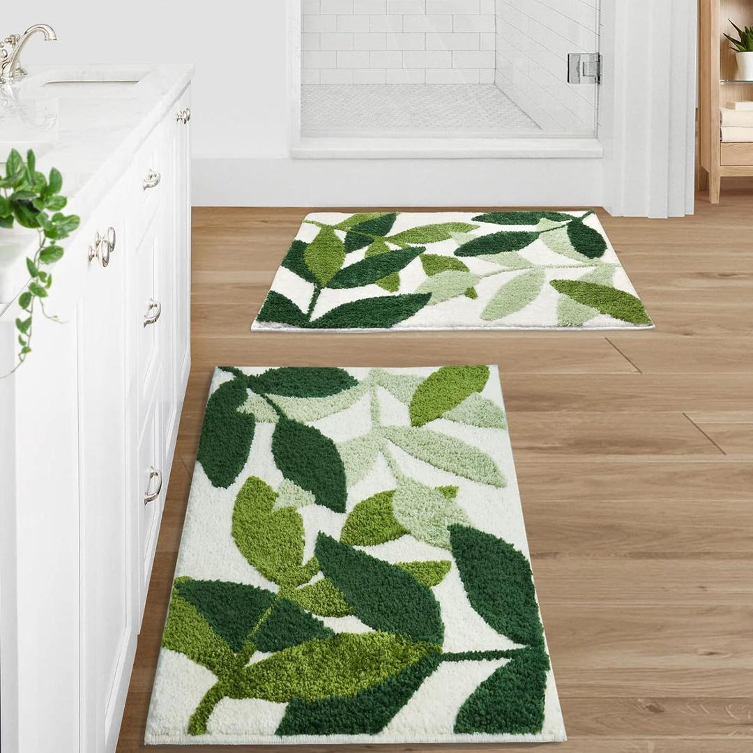 Gibelle Green Bathroom Rug Set 2 Piece, Non-Slip Strong Water Absorbent Plush Microfiber Bath Mat Rug Set, Machine Washable Bathroom Floor Mat Cute Shower Bathmat Indoor Doormat (18"x26"+20"x32")