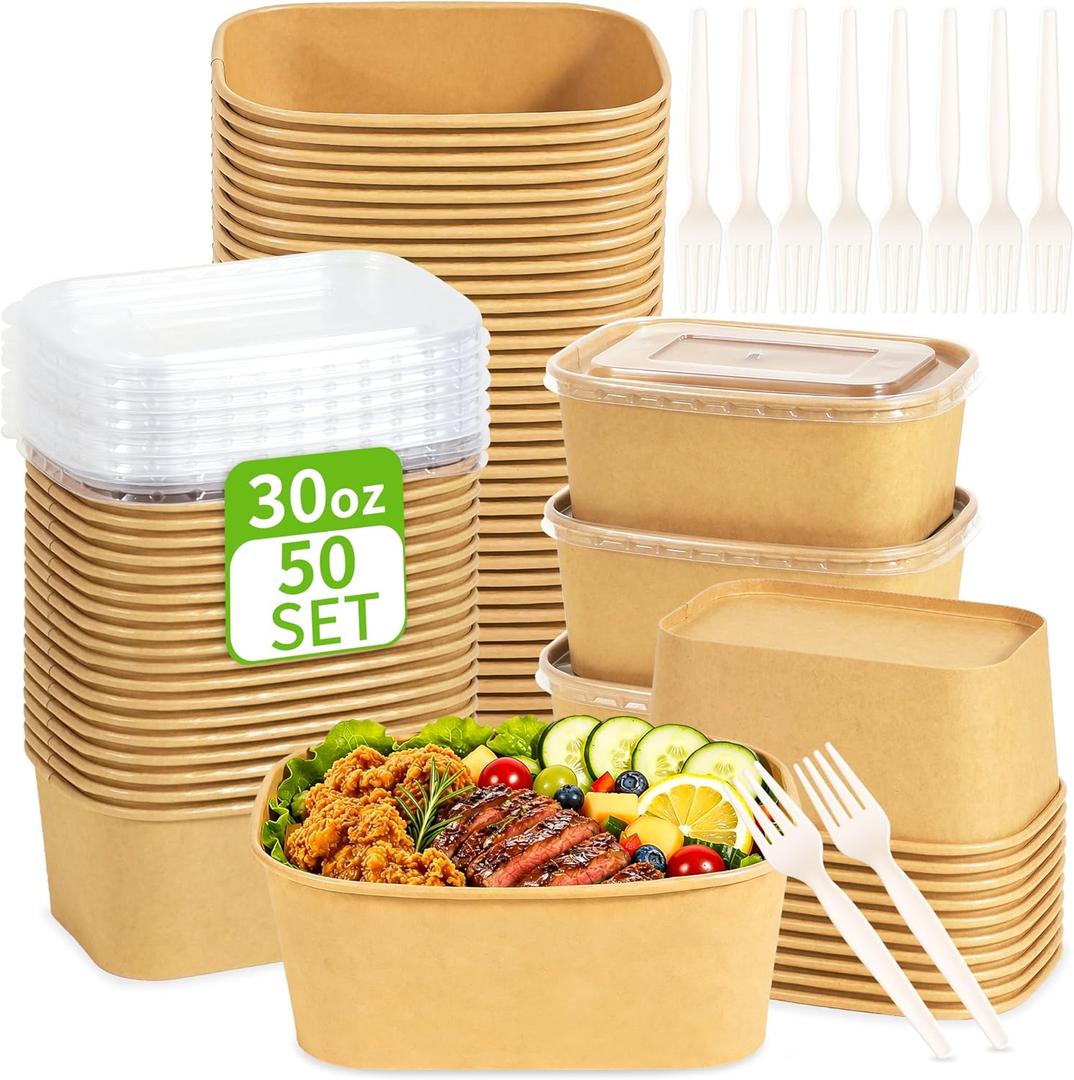 Disposable Meal Prep Containers 50 Pack, 30oz Compostable Kraft Paper Bowls with Lids and Forks, To Go Food Containers, Microwave & Freezer Safe for Hot & Cold Foods