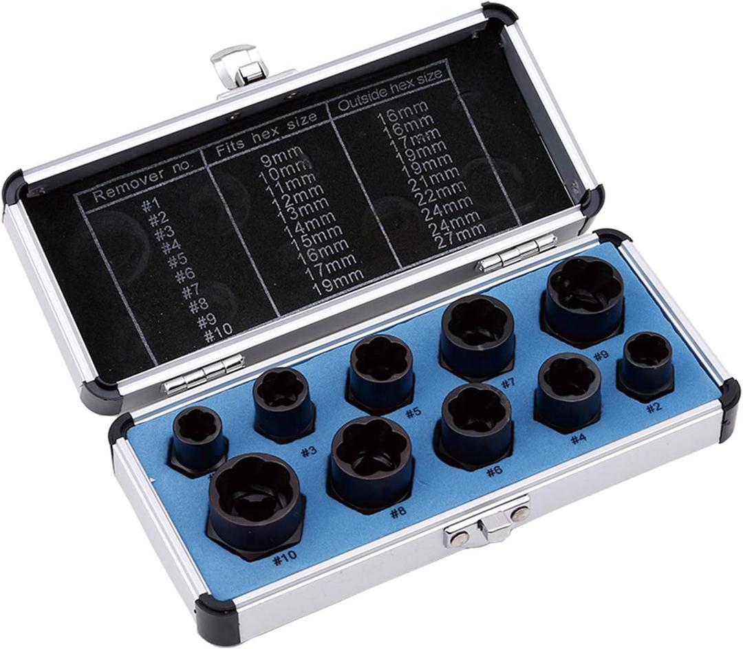 10Pcs Nut Remover,9-19mm Impact Nut Extractor Set,Nut Extractor Socket, Bolt Remover Tool Set,Drive Socket kit,Locking Socket Tools Kit (Hight Set)