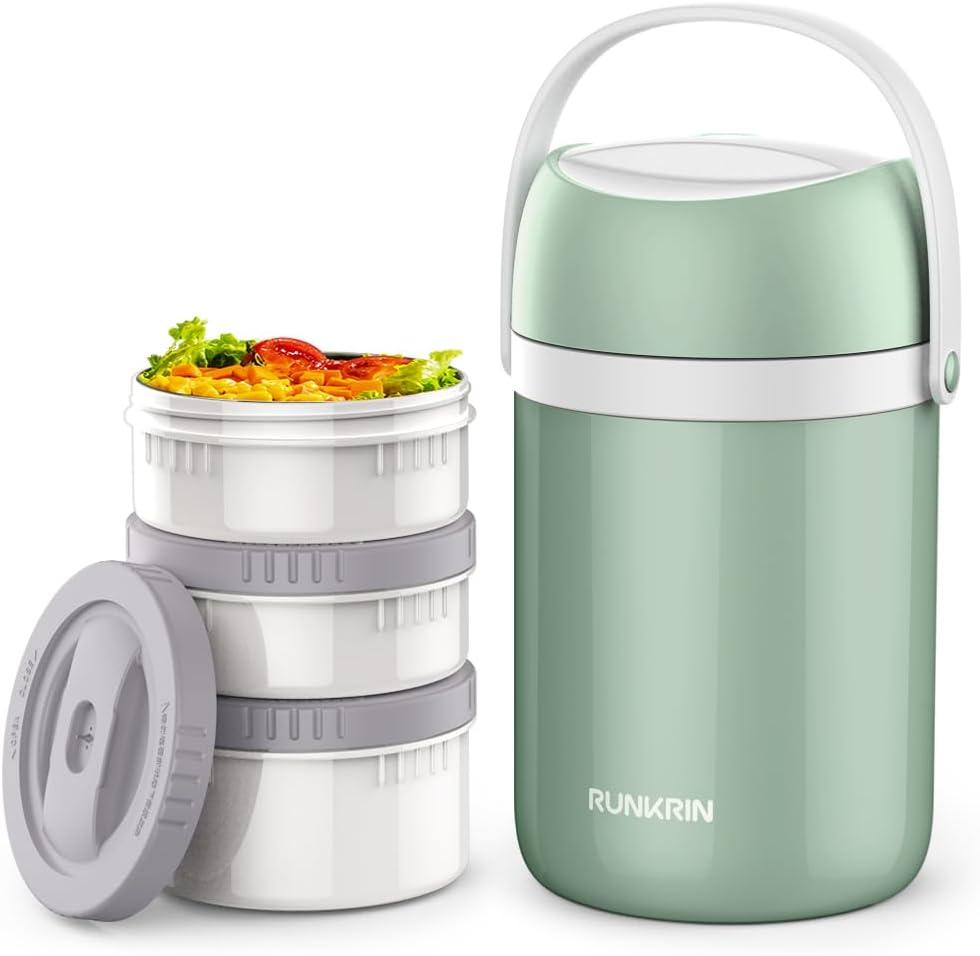 64oz Insulated Food Jar, 3-Tier Stackable Thermal Lunch Box, Keeps Food Hot 6 Hours, Leak-Proof, BPA-Free, Stainless Steel Container, Portable, Easy to Clean, for School, Work, Picnic (jade green)