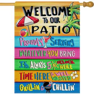 Dyrenson Welcome To Our Patio Summer 28 x 40 House Flag Double Sided, Spring Proudly Serving Whatever You Bring Garden Yard Decorations, Pool Party Outdoor Porch Decor Burlap Decorative Large Flag