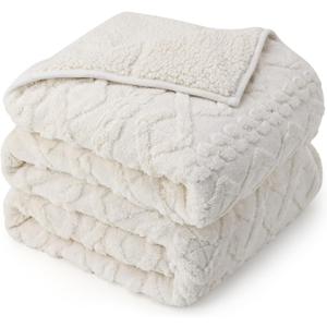 Drewin Weighted Blanket 15lbs Queen Size, Soft and Thick Jacquard Sherpa Heavy Blanket for Calming and Relax, Dual Sided Ultra Soft Fuzzy Throw Blanket with Ceramic Beads, 60 x 80 inches, Cream White