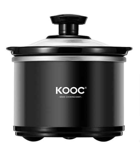KOOC Small Slow Cooker, 0.65 Quart, Free Liners Included, Upgraded Ceramic Pot, Nutrient Loss Reduction, Sauces, Stews & Dips, Stainless Steel, Black, Round