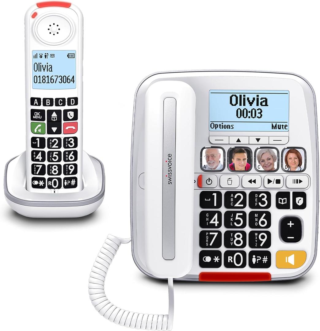 SWISSVOICE 3355 DECT 6.0 Corded Big Button Phone for Elderly with Answering Machine and Additional Cordless Handset - Loud Phones for Hard of Hearing - Hearing Aid Compatible Phones