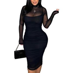 MOEENCN Sexy Long Sleeve Midi Dress for Women Sheer Mesh Printed 2 Piece Skirt Set Crew Neck See Through Bodycon Party, Large