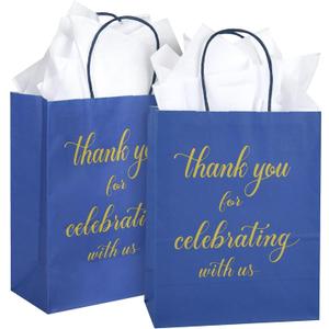 DjinnGlory 50 Pack Medium-Sized Navy Blue Welcome Paper Gift Bags 10x8x4 Inch, Thank You for Celebrating with Us Bags with White Tissue Paper for Wedding, Bridal Shower Parties