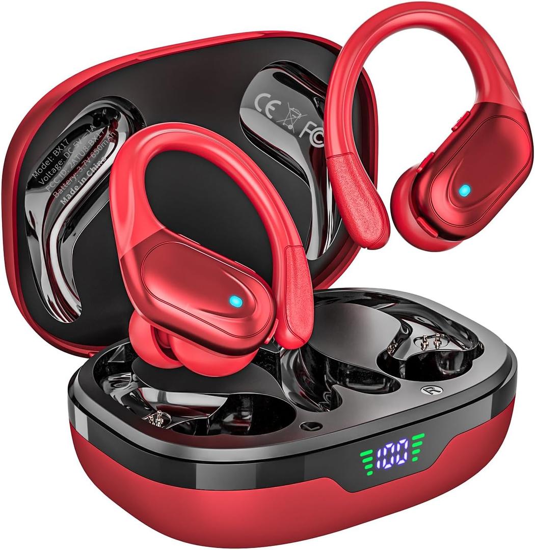 Wireless Earbuds Bluetooth Headphones 80hrs Playback Ear Buds Power Display with Noise Canceling Mic Headsets for Sports/Workout/Running Red