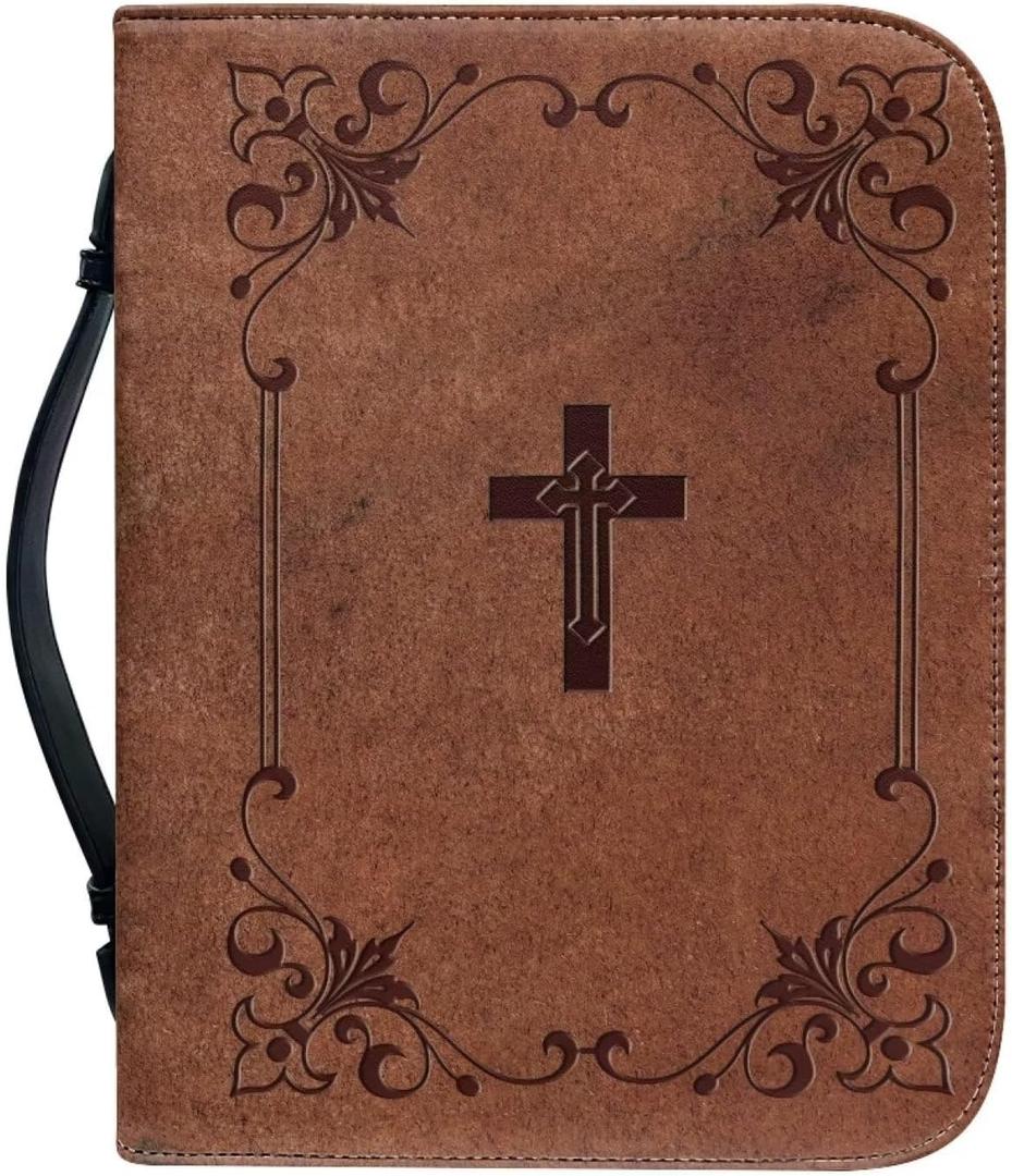 Talayituse Bible Cover for Women and Men - PU Leather Case, Bag, Tote, Book Carrying Case - Christian Accessories (Large, Brown Cross Floral)