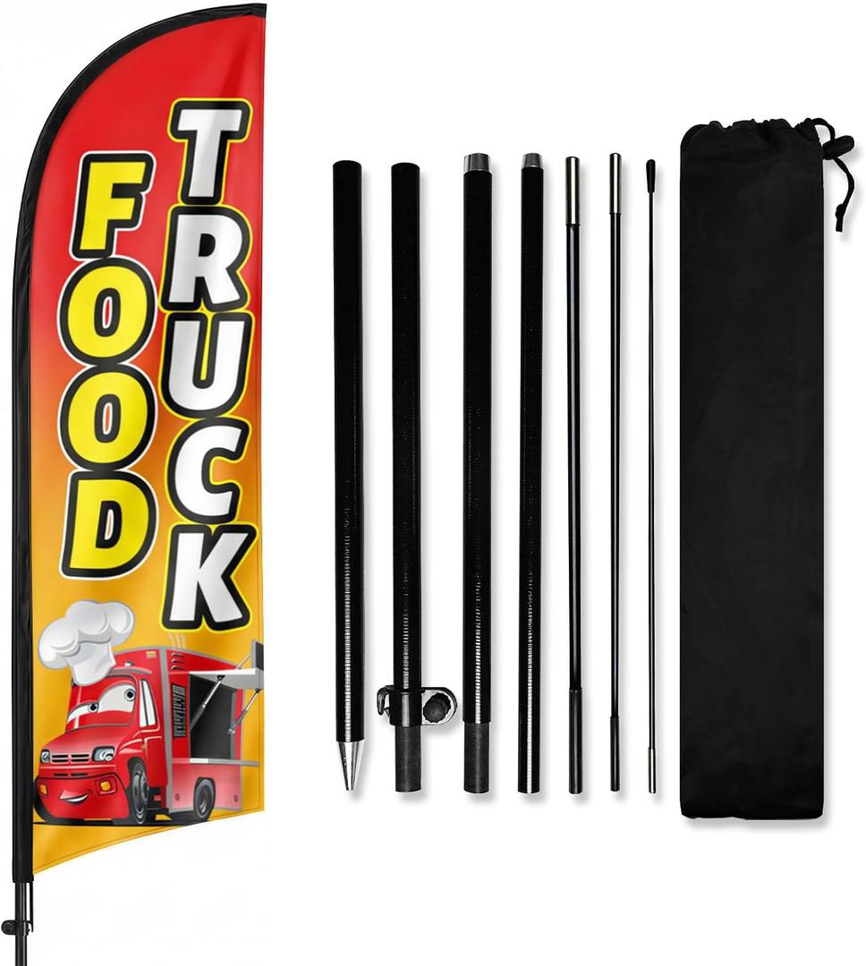 Food Truck Feather Flag With Pole Kit 8Ft Tall, Outdoor Advertising Banner Flag For Mobile Food Truck Business Sign Street Event Festival Parking Lot Use
