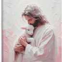 Jesus Kissing The Lamb - Christian Art, Jesus And The Lamb, Jesus Pink Painting Christian Gift Jesus Canvas Painting Living Room Church Wall Decoration Painting 12x18inch(30x45cm) (Frame-style)