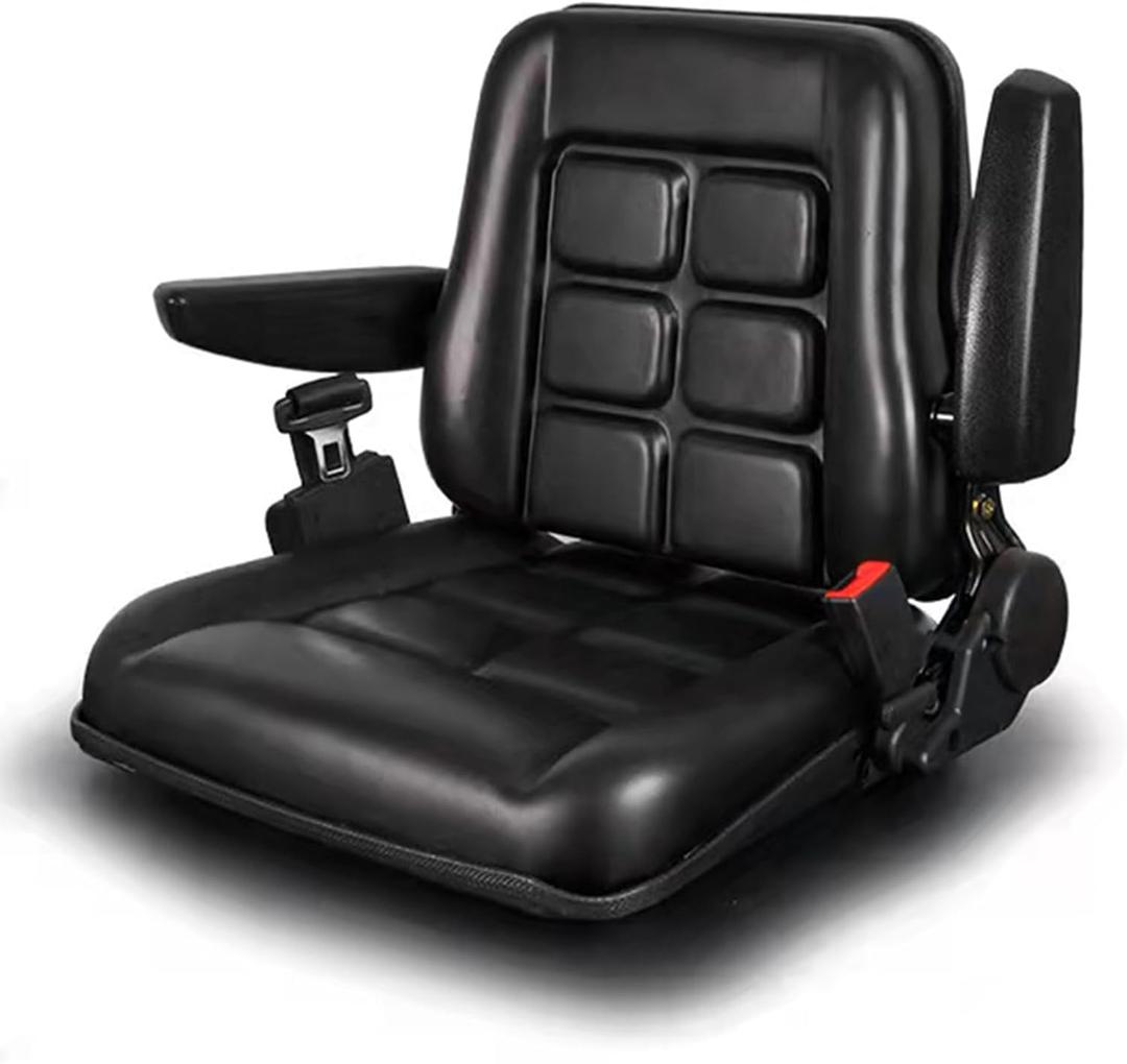 Universal Adjustable Forklift Seat with Safety Belt and Armrest, Adjustable Backrest and Slide Rail Waterproof PVC Mower Seat, for Tractor Excavator, Forklift, Skid Loader, Backhoe Dozer Telehandler (18.5x16.5x19")