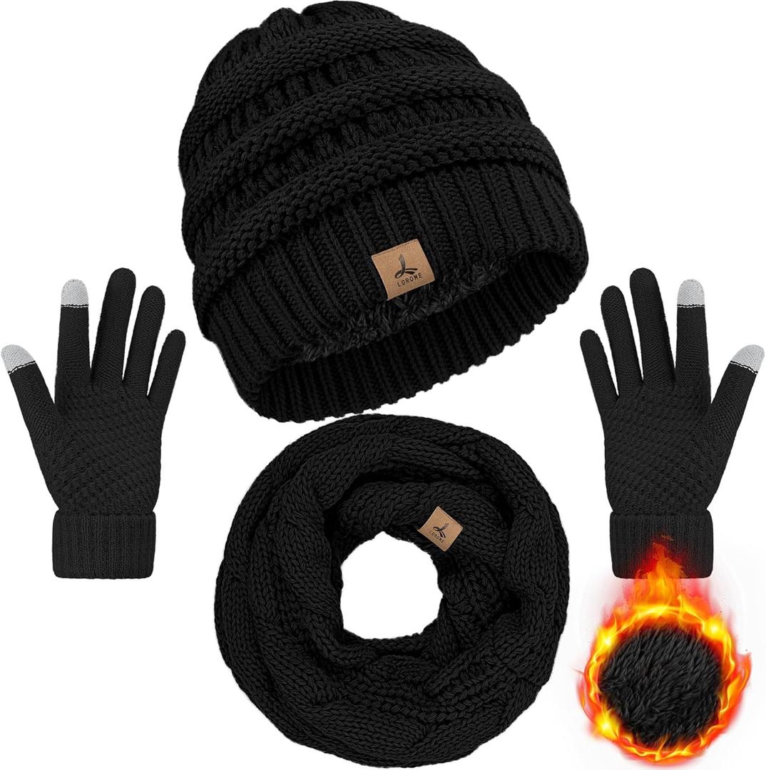 Winter Beanie Hat Scarf Gloves, Warm Fleece Knit Hats Touch Screen Gloves Neck Scarf Set Winter Gifts for Unisex Adult (Black)