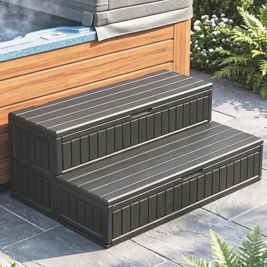 Hot Tub Steps with Storage Extra Wide, 2-Step Spa Stairs - Non-Slip Heavy Duty 500 lbs, Easy Assembly, Slip-Resistant, Universal for Hot Tub, RV, Camper, Pool Deck & Bath - Fits Any Size, Black