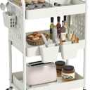 danpinera 3 Tier Rolling Cart with Retractable Dividers, Multi-Functional White Rolling Utility Cart with Pegboards, Hooks & Hanging Cups for Nursery, Living Room, Studio