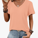 ATHMILE Womens V Neck Short Sleeve Summer T Shirts Curved Hem Plain Top Beach, XS