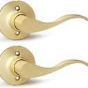 Bonpoly Brushed Gold Door Handles 2 Pack, Dummy Door Lever Interior, Satin Brass Door Knobs, Wave Door Handle for Closet or Pantry, Right Handing