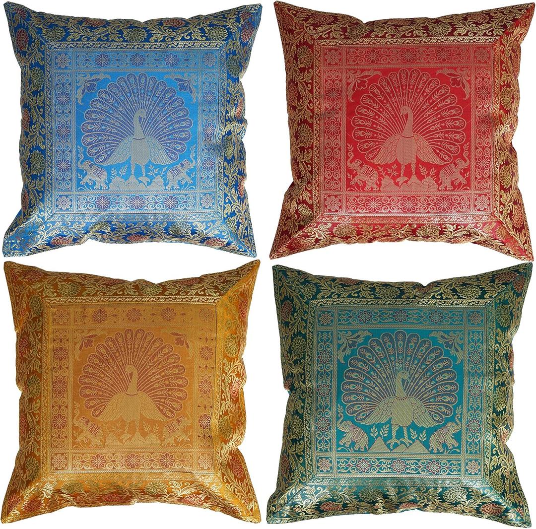 Ethnic Hand Embroidery Peacock Design Decorative Silk Cushion Cover for Sofa (Multi Color Set of 4, 16x16 Inches) Outdoor Cushion Covers for loveseat