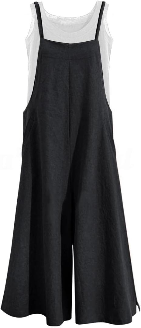 YESNO Women Casual Loose Long Bib Pants Wide Leg Jumpsuits Baggy Cotton Rompers Overalls with Pockets PZZTYP2 (X-Large, Black)