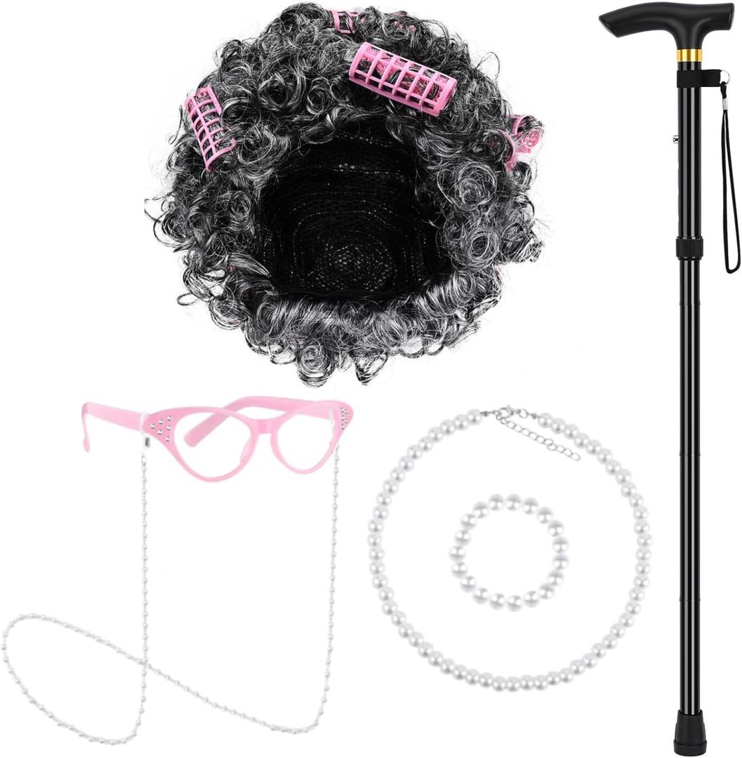 Old Lady Costume for Girls,100 Days of School Old Lady Wig Set Include Wig,Glasses,Necklace,Glasses Chain and Cane