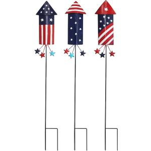 hogardeck 4th of July Decorations Outdoor, 36” Set of 3 Metal Firework Decorative Garden Stakes for Fourth of July Decorations, Patriotic Yard Firecracker Signs for Garden Memorial Day Decorations