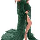 Saslax Soft Stretchy Lace Off Shoulder Doubly Split A-line Skirt Maternity Dress Pregnancy Maxi Gown for Photoshoot (Green, XL)