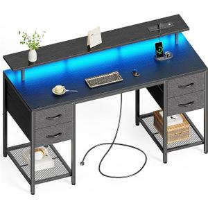 Huuger 55 inch Computer Desk with Power Outlets & 4 Drawers Gaming Desk with LED Lights, Home Office Desk with Large Storage Space for Bedroom, Work from Home, Black