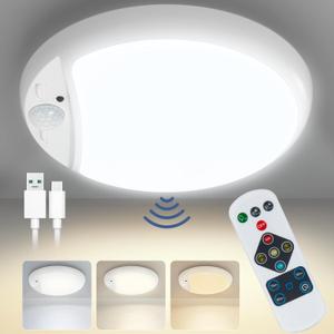 DEEPLITE Wireless Ceiling Lights Motion Sensor with Remote, Rechargeable Closet Light Battery Operated, 1000mAh 600LM Bright Crodless Shower Light for Bathroom, Stairs, Shed, Hallway, Porch. (White)
