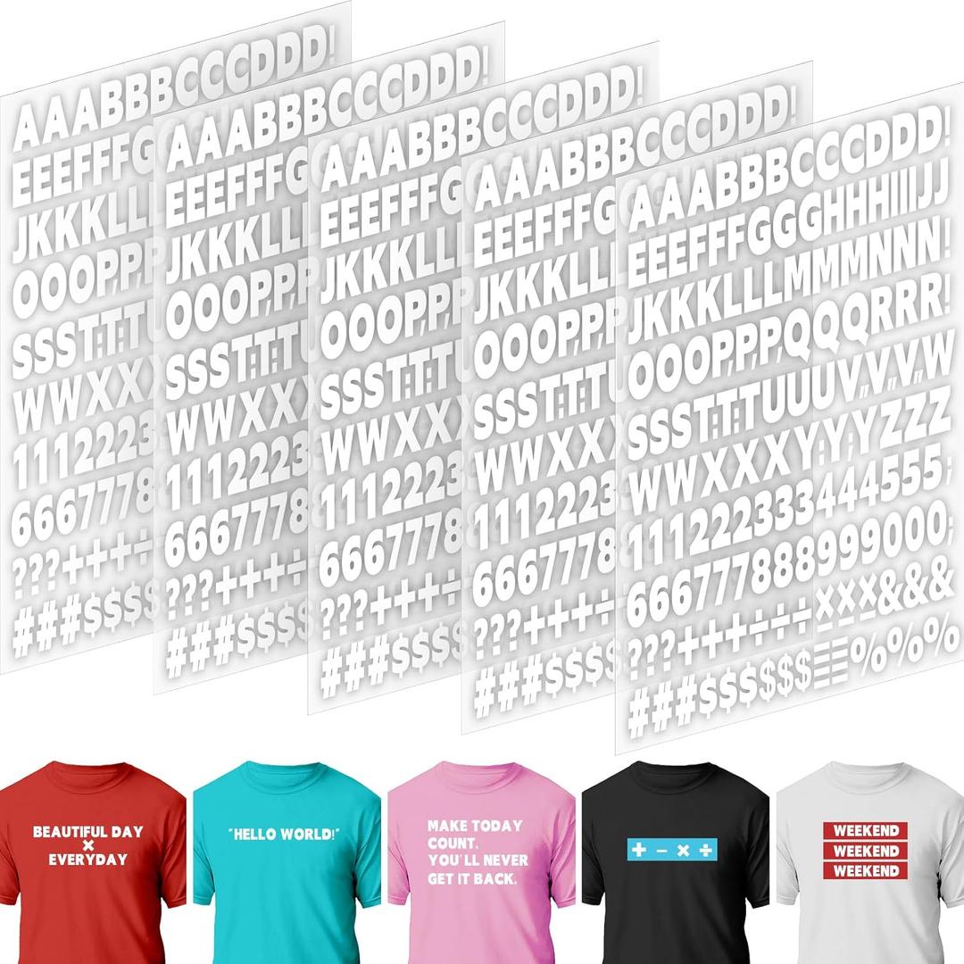 5 Sheets 830 Pieces Iron on Letters and Numbers for Clothing, 1 Inch Iron on Vinyl Letters with A-Z Heat Transfer Letters 0-9 Iron on Numbers PU Alphabet Stickers for T-Shirt Printing DIY Craft, White