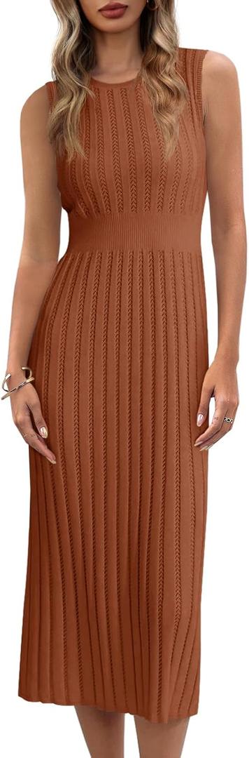 Danedvi Women's Knit Midi Tank Dress Sleeveless Ribbed Crew Neck Fall Bodycon Casual Basic Going Out Dresses (XX-Large, Brown)