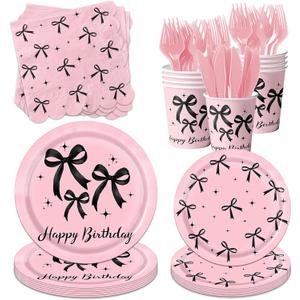 150 Pcs Pink and Black Bow Birthday Decorations,Coquette Themed Party Supplies,Black Bow Paper Plates,Napkins Cups for Coquette Baby Birthday Decor,Serves 25