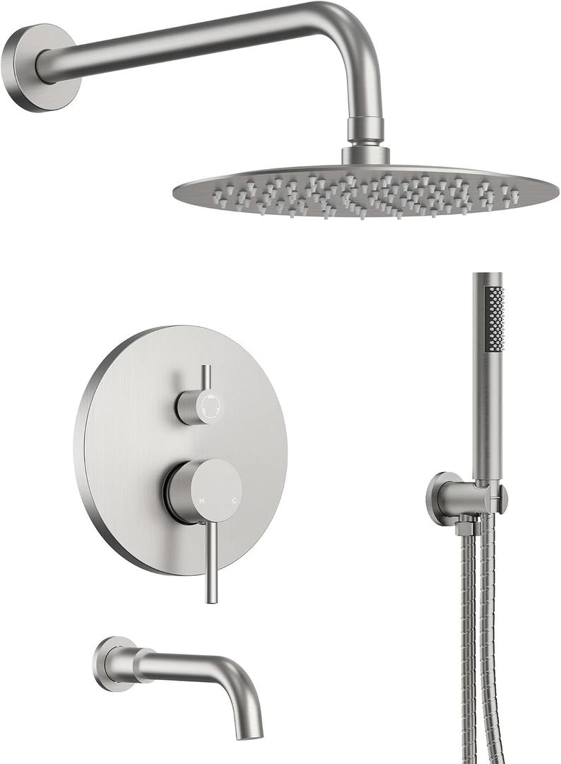 10" High-Pressure Rainfall Shower System with Handheld Spray, Wall Mount Bathroom Shower Faucet Set with Tub Spout (Brushed Nickel)