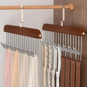 2 Pack Belt Hanger for Closet, Wooden Tie Racks Hanger with Upgraded 360Rotating, Space-Saving Belt Holders with 8 Hooks, Closet Storage for Tie,Tank Top,Bra, Scarf,Hat (Brown)