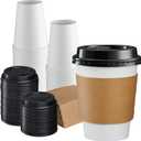 GUSTO [12 oz. - 50 Sets Disposable Coffee Cups with Lids and sleeves - To Go Paper Hot Cups for Travel and Office Use - Formerly Comfy Package