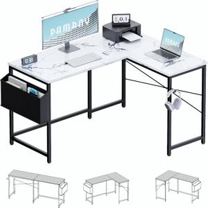 Pamray 47 Inch Reversible L Shaped Gaming Desk Corner Computer Desk with Storage Bag Home Office Table for Writing Study Marble