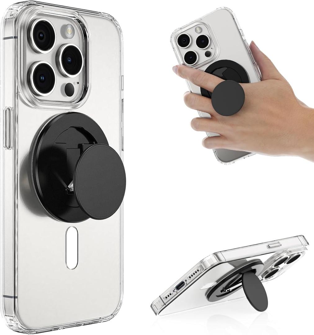 Magnetic Grip for iPhone, Finger Holder Expanding Phone Stand Compatible with MagSafe Accessories (Black)