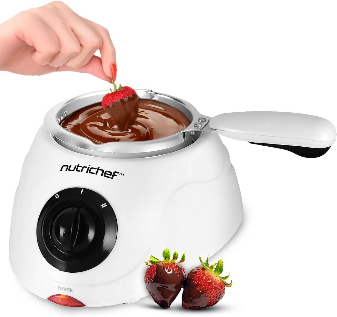 NutriChef Electric Fondue Pot | 25W Chocolate Melting Warmer | 8.8 Oz Capacity | Keep Warm Dipping Function & Removable Pot | Perfect for Melting Chocolate, Butter & Cheese | White (One Size)
