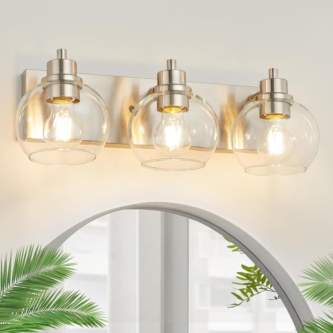 Tuscarora Bathroom Light Fixtures, Brushed Nickel Vanity Light 3 Light Bathroom Vanity Light with Clear Glass Shade,Lighting Fixtures for Mirror