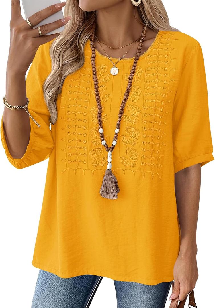 Kistore Women's Embroidered Blouses Short Sleeve Lace Trim Crew Neck Tops (M)